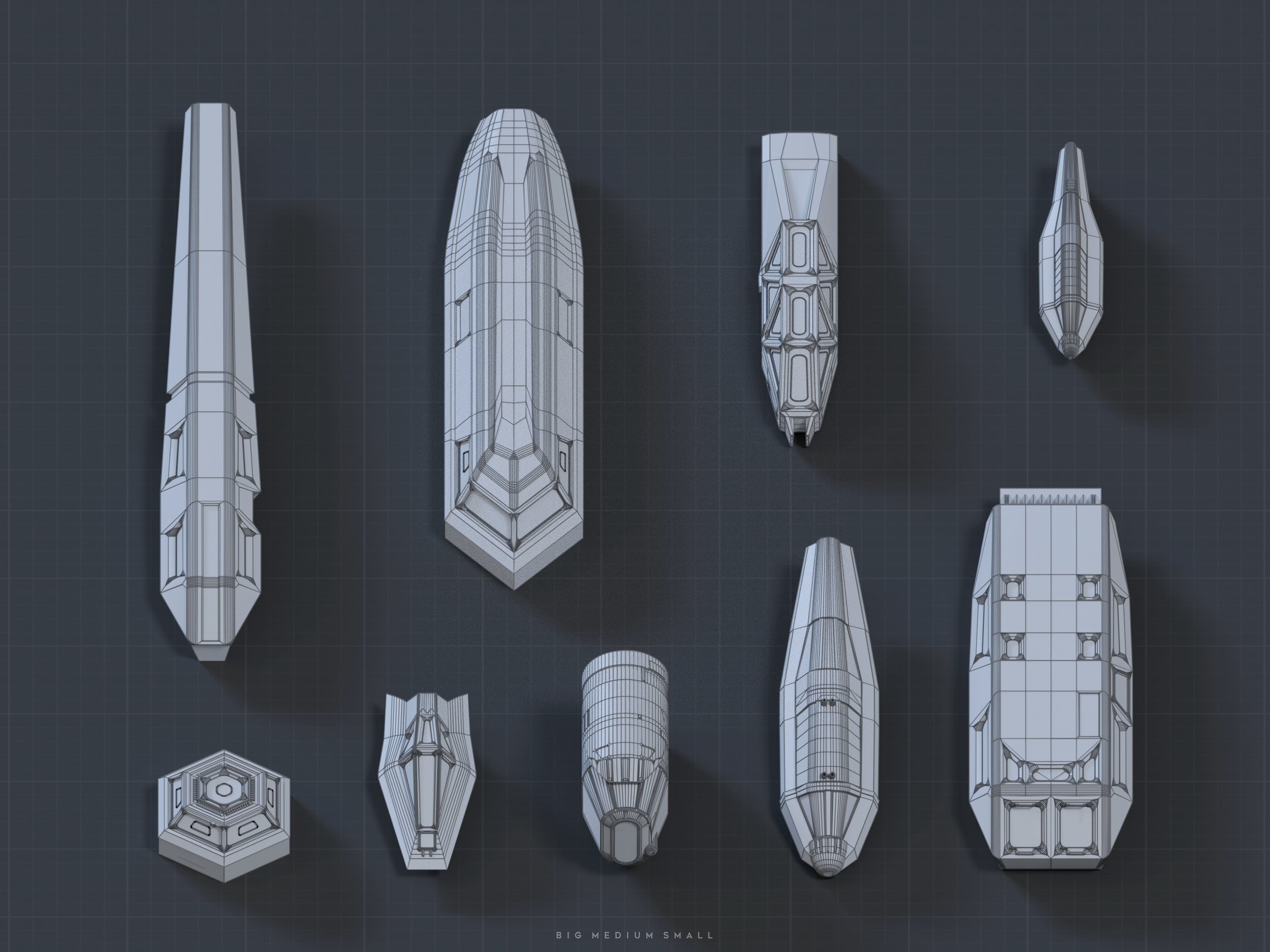 the image displays nine different 3d wireframe models of futuristic spacecraft or projectiles, varying in size.  they are arranged against a dark grey gridded background. the models are rendered in a topdown perspective, allowing for a clear view of their shapes and structures.  the sizes are indicated as "big medium small" at the bottom, suggesting a comparison of scale between the objects. the overall style is sleek, angular, and characteristic of science fiction designs, suitable for use in video games or other digital media.