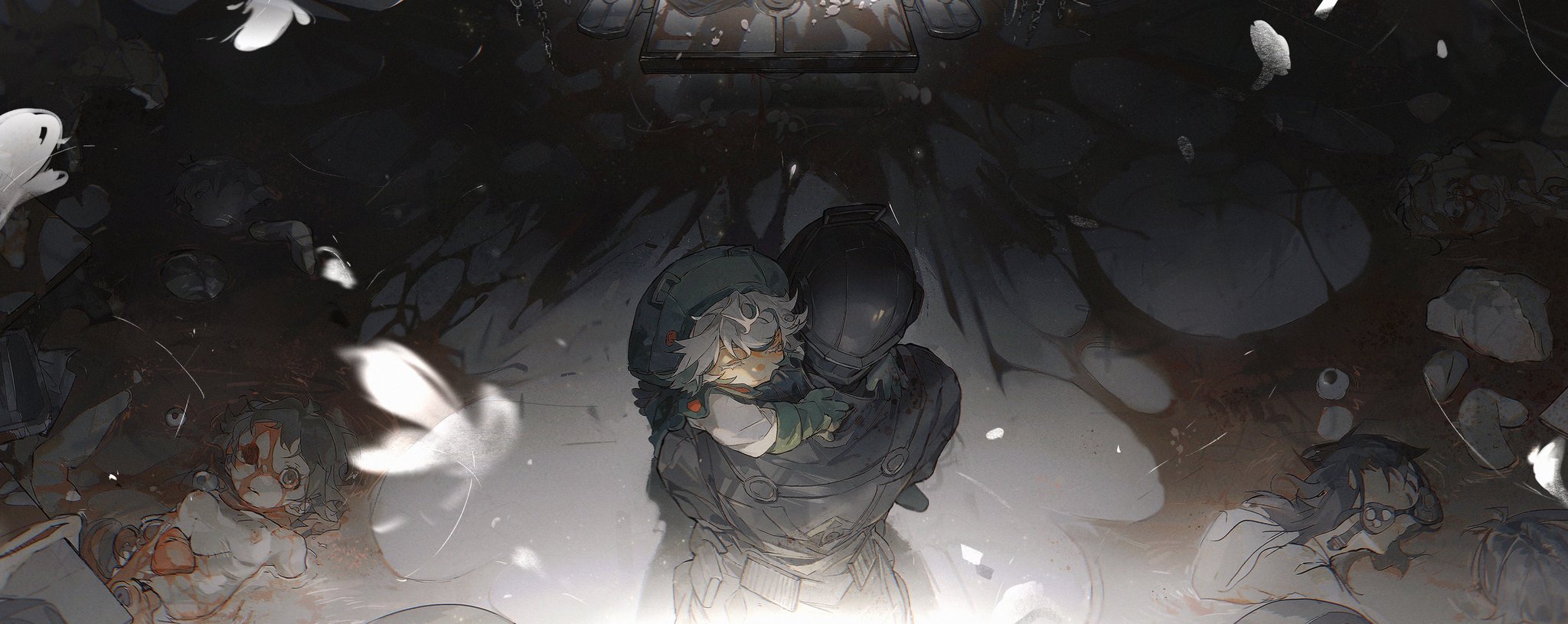 the image depicts a scene of a soldier holding a smaller soldier in a protective embrace. they are surrounded by a chaotic cityscape with dark shadows and glowing lights. the image suggests a sense of loss and grief, but also hope and determination. the soldier's gaze is filled with emotion, conveying a sense of strength and compassion. the overall style of the image is dark and gritty, with a futuristic cyberpunk aesthetic.