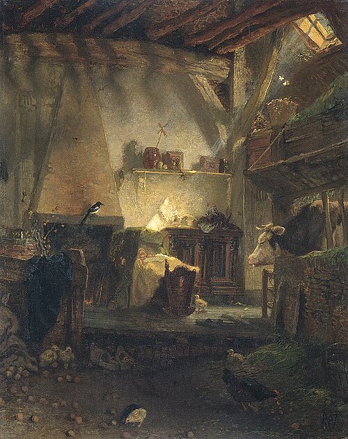 this is a painting of an interior scene, likely a barn. a baby sleeps in a cradle near a fireplace. a cow stands in the background, behind a partial wall. chickens roam the floor, and a bird is perched on the fireplace. a shelf holds various objects. there is a window in the roof, letting in light. hay is piled in a loft above the cow, and the roof beams are visible. a dresser sits against the far wall.