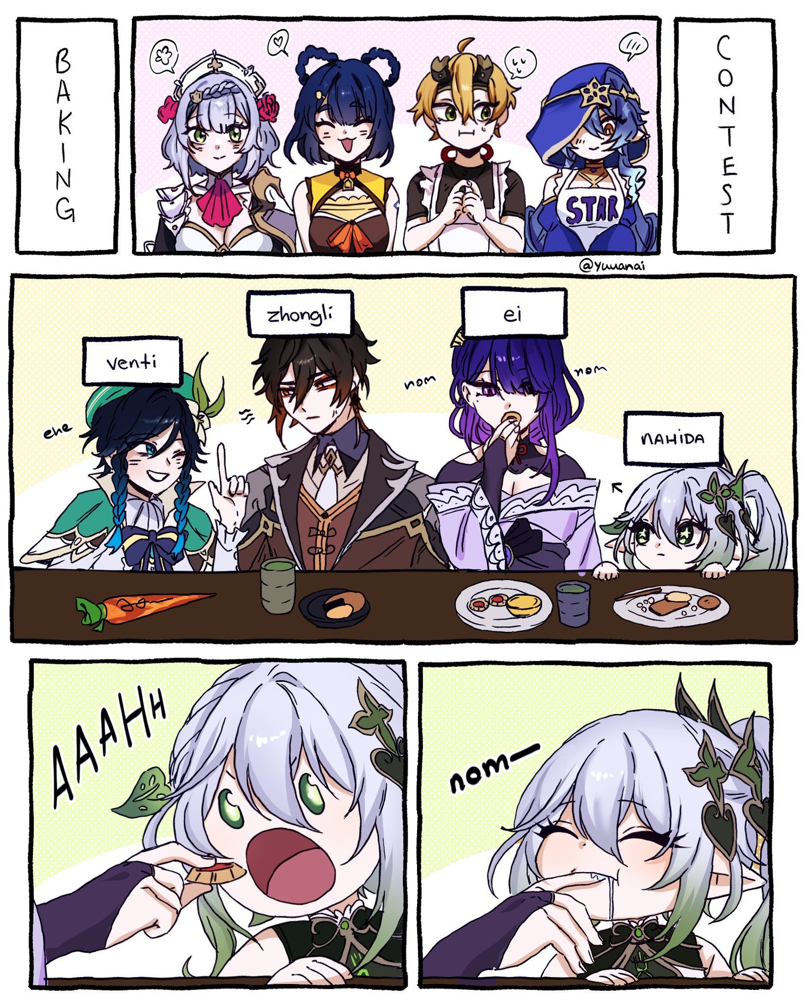 this is a fourpanel comic featuring characters from the popular video game genshin impact. in the first panel, four characters are shown: klee, amber,  albedo and barbara. they are baking and having fun. the second panel features zhongli, venti, ei, and nahida. they are eating and enjoying their food. in the third and fourth panel, the focus is on nahida and klee as they eat their food. the comic is lighthearted and features cute character designs. the comic is illustrated in a digital style.