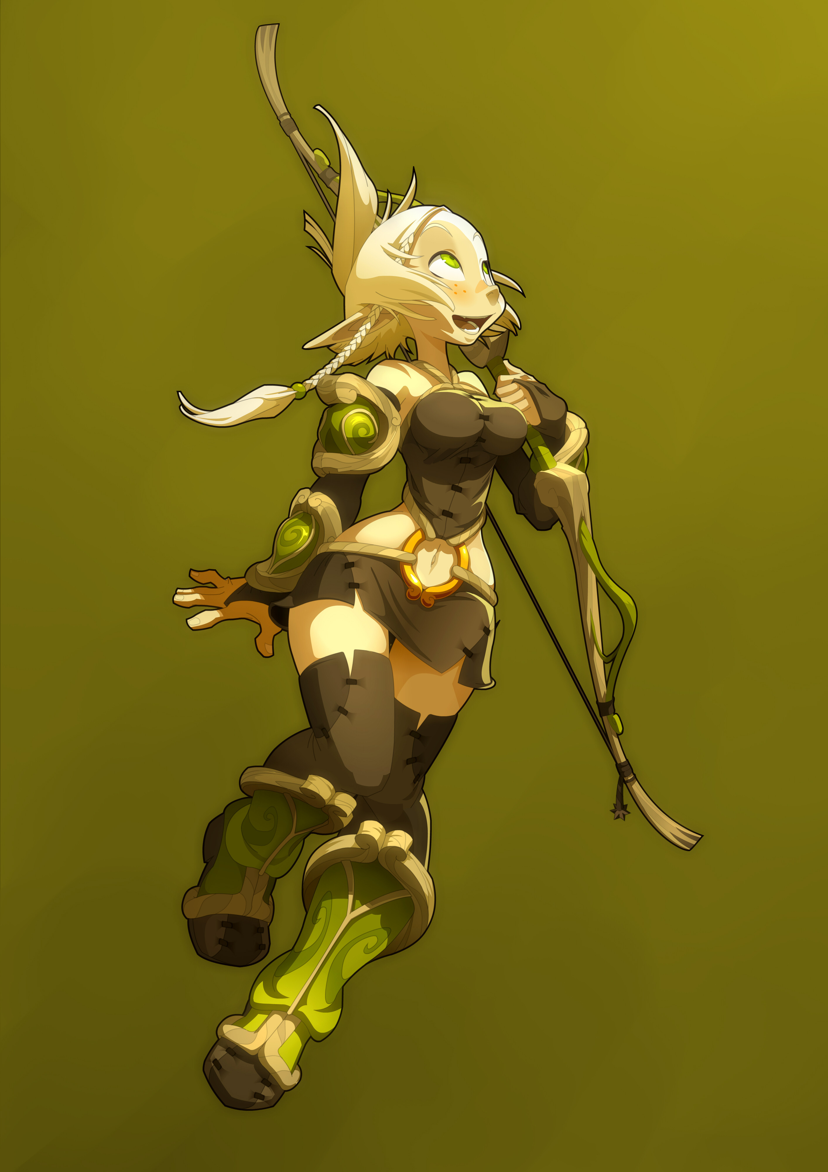 this is a digital drawing of an anime style woman standing and holding a bow and arrow. she's wearing green clothes and has long, white hair. the background is a solid green color.