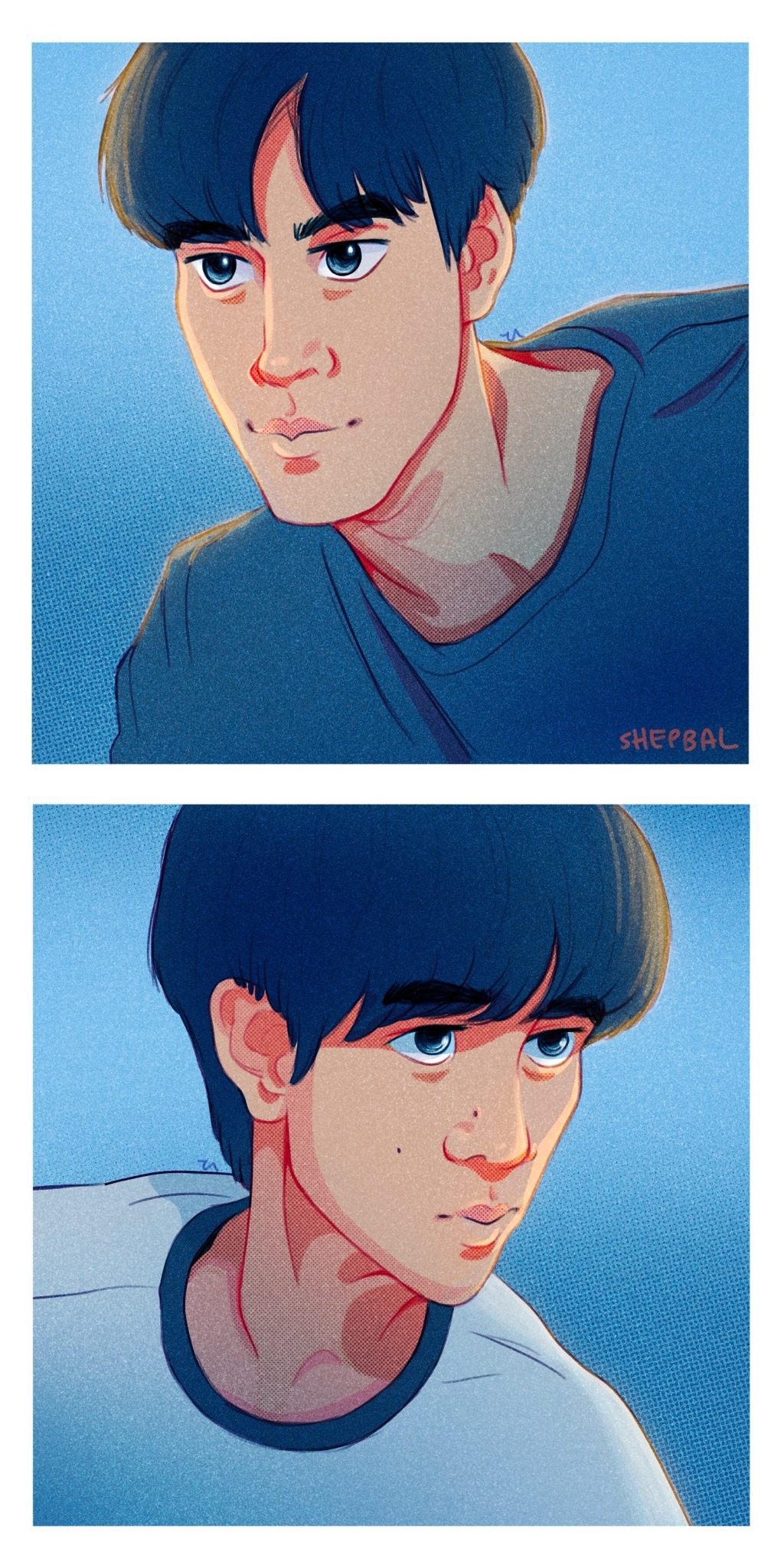 the image is a digital illustration featuring two closeup portraits of a young man with dark hair and blue eyes against a solid blue background. he is wearing a simple, light blue tshirt. the style is reminiscent of anime or manga, with a focus on expressive eyes and delicate linework. the top portrait depicts the man with a slight smirk, while the bottom portrait shows him with a more neutral, almost melancholic expression. the overall color palette is soft and warm, with a predominance of blues and light browns.