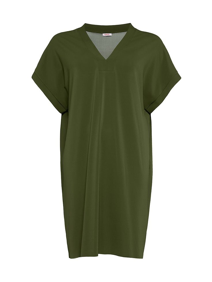 a green, vneck midi dress with short sleeves. the dress is loosefitting and flowy, with a relaxed, comfortable silhouette. it's a perfect choice for summer days, and can be dressed up or down. the simple design makes it easy to style with a variety of accessories.