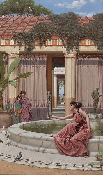 the painting shows a roman courtyard with a fountain. a woman in a pink dress is sitting on the edge of the fountain, with her hand outstretched towards the water. two other women are standing in the background, and there are statues and columns around the courtyard. pigeons are near the fountain. the painting is by john william waterhouse and is reminiscent of the roman era.