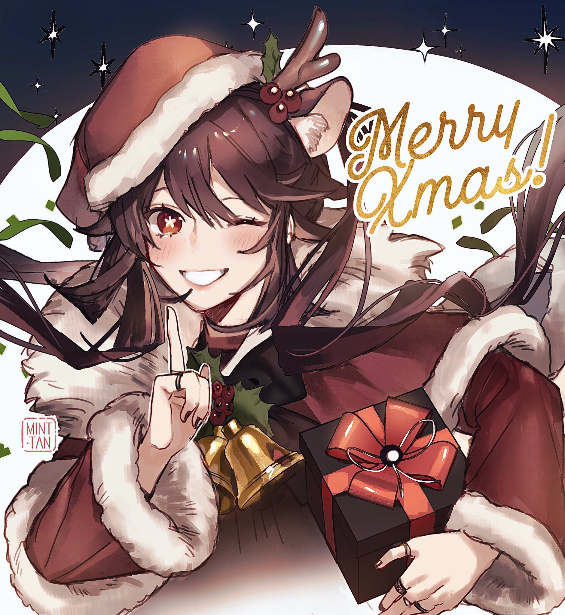 a digital art illustration of a young anime girl in a santa hat and reindeer antlers, with a big smile and a gift in her hand, surrounded by christmas decorations. the background is a blurred image of snow, with the words "merry xmas!" written in gold.  the image is very cute and festive, and would be perfect for a christmas card.