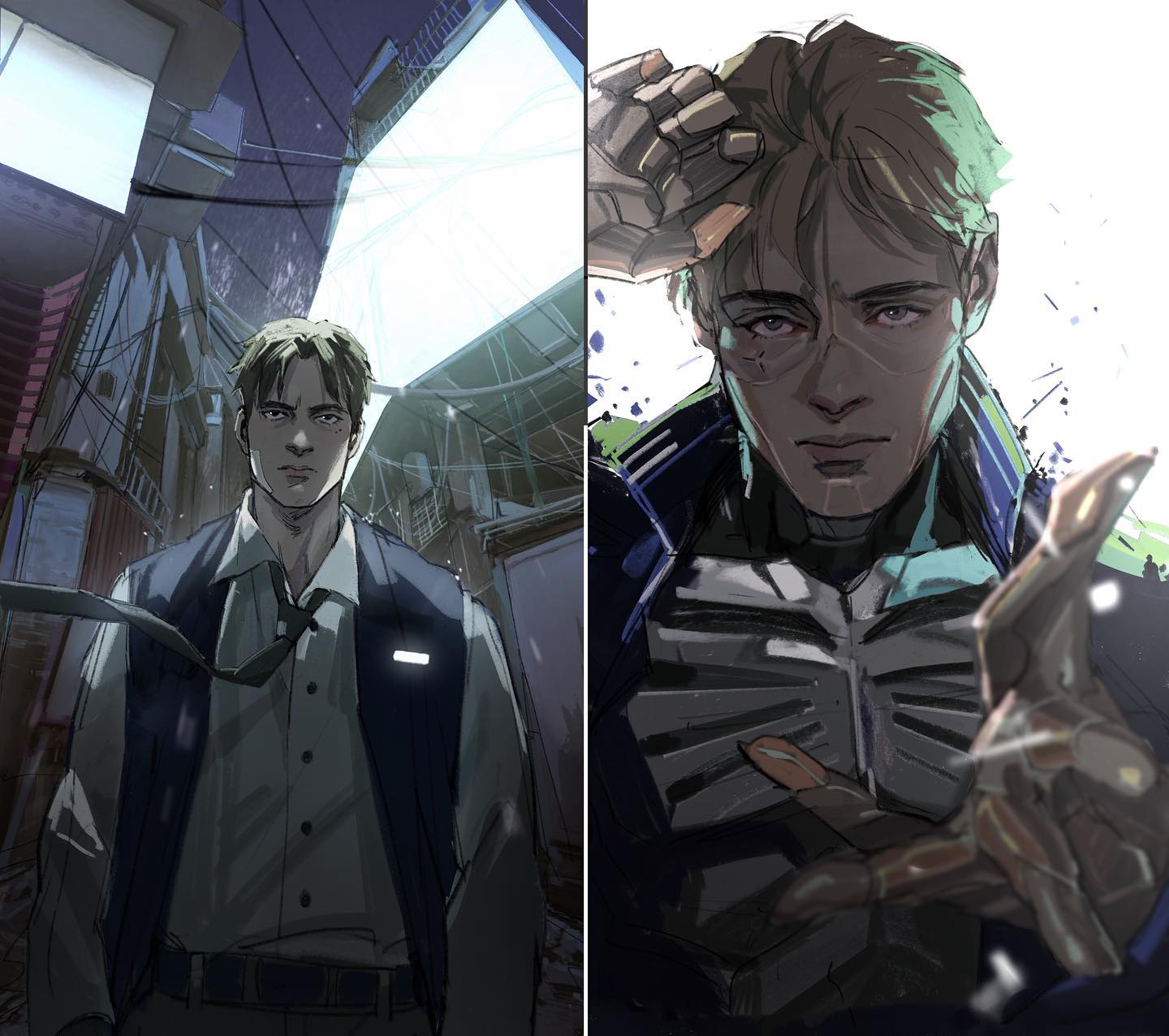 the image is a digital painting or illustration, possibly fanart, showcasing two distinct male characters in a splitscreen format.  the style leans towards anime or manga, with a cyberpunk or futuristic aesthetic.on the left, a man is depicted in more casual clothing—a collared shirt, tie, and a dark overshirt or jacket. he stands in a dimly lit, narrow alleyway or street in a city, giving a serious expression.  the setting appears urban and slightly rundown.on the right, a second male character is shown in a closeup, wearing technologically advanced, futuristic armor with dark and teal highlights. he has a hand on his head, and his expression is equally serious.  the background is lighter and more abstract. the overall tone and style suggest a possible science fiction or actionoriented narrative, with the contrasting outfits and settings hinting at a possible dual identity or different phases of a single character's story.  the use of lighting and shadow creates a dramatic, atmospheric effect.