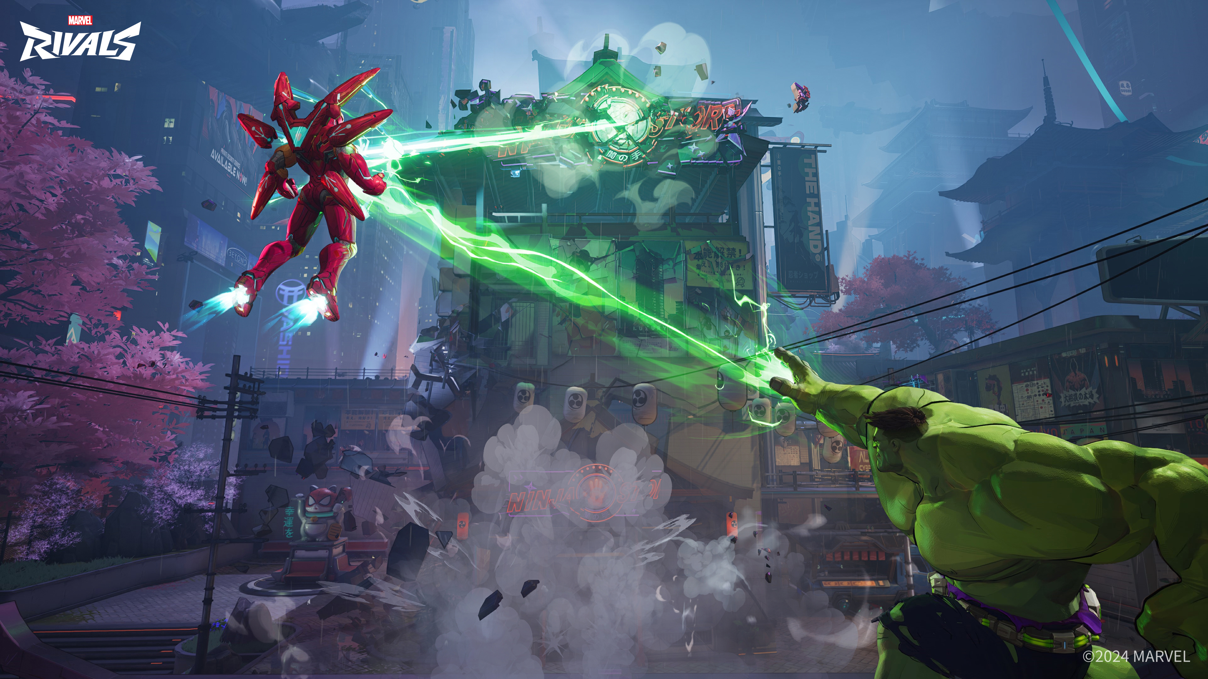the image depicts a scene from the video game marvel rivals. hulk and iron man are engaged in a battle in a japanese cityscape. green energy beams are being exchanged between them. the hand's headquarters building is in the background, along with cherry blossom trees.