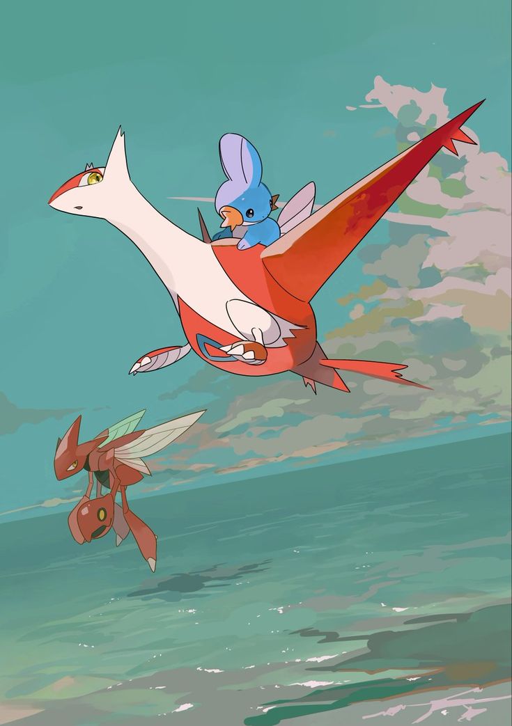 he image is a digital illustration in an anime style depicting three pokémon in flight over an ocean. a large, red and white aerodactyl is in the foreground with a smaller, blue pokémon, resembling a skarmory, perched on its back. a second, smaller, red and green flying pokémon, possibly a skarmory, flies below and slightly behind the larger pokémon. the background is a stylized sky and ocean with soft, muted colors.  the overall aesthetic is peaceful and whimsical.