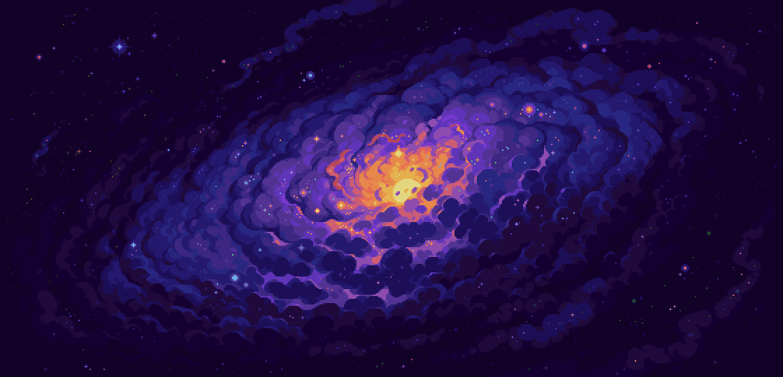 this image is a pixel art illustration of a vibrant and colorful galaxy. the galaxy is predominantly purple and blue, with a swirling center that glows orange and yellow.  smaller stars and speckles of light are scattered throughout the galaxy and the surrounding dark space. the style is reminiscent of 8bit or 16bit video game graphics.  the overall effect is dreamy and fantastical.