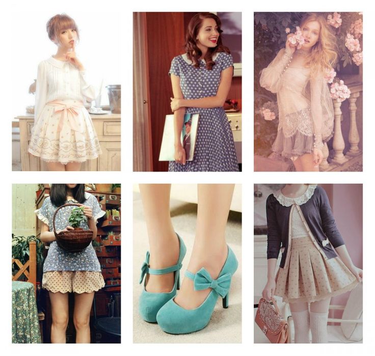 the image is a collage showcasing six different outfits, all characterized by a vintage or retro style with a focus on pastel colors, lace, and cute, feminine details.  each panel features a young woman wearing a dress or skirtbased outfit. the styles range from  lolitainspired pieces to more classic vintage looks.  the bottom middle panel displays a pair of light aqua mary jane shoes with bows. the overall aesthetic is light, airy, and romantic.