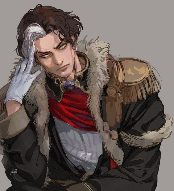 this is a digital illustration of an attractive male character with white and black hair. he is wearing an elaborate militaryinspired jacket with fur trim, a white shirt, and a red sash.  he has his fingers to his temple in a contemplative gesture. the background is plain grey.