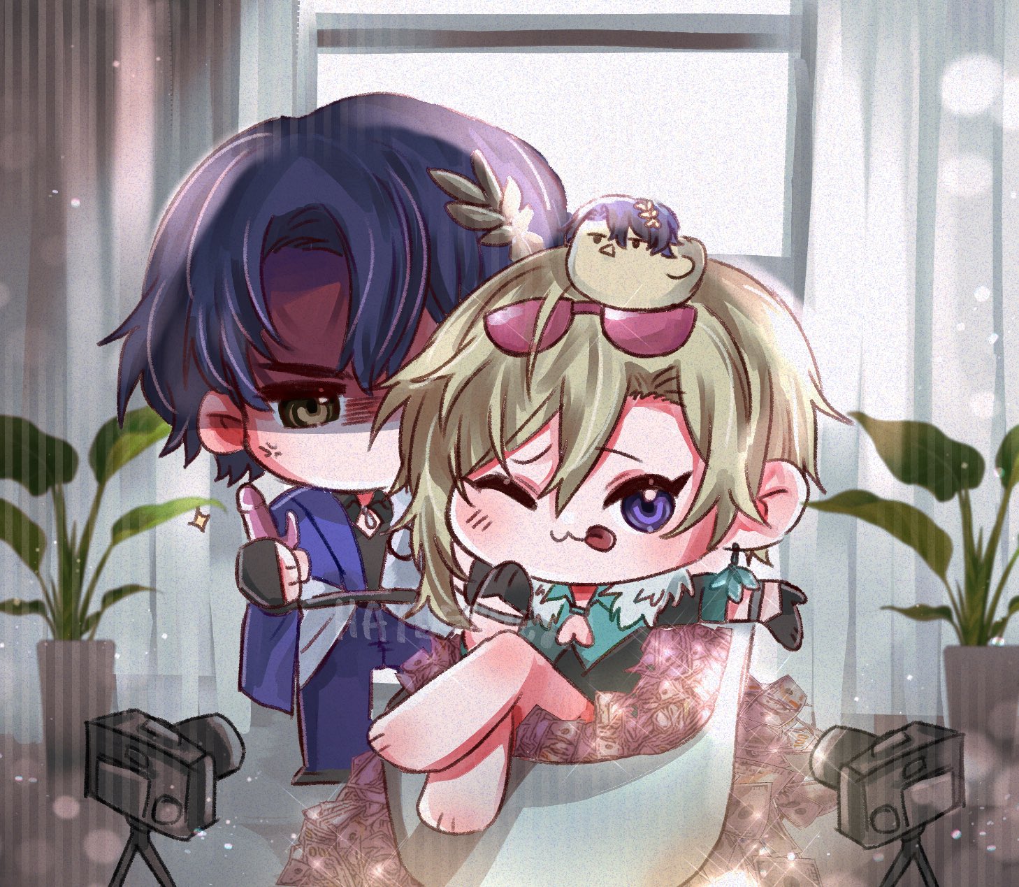 two anime characters are posing for a photo. the first is a boy with blue hair and red eyes. he is wearing a blue suit and holding a pink phone up to his ear. the second character is a girl with blonde hair and blue eyes. she is wearing a green and white dress and has a yellow bird on her head. she is smiling and holding a gift. they are both sitting in a pile of money, and there are two cameras in the background.  the background is a white room.  they look like they are very happy to be together. the image is cute and fun, and it is sure to make anyone smile.