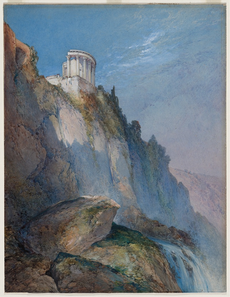 a watercolor painting depicts a dramatic landscape featuring a towering cliff with a classical temple perched on its edge. the cliff is composed of rugged rocks and sparse vegetation, with a waterfall cascading down its side. a large boulder sits at the base of the cliff. above, the sky is a blend of blue and gray, suggesting atmospheric conditions. the temple, reminiscent of ancient roman architecture, adds a sense of historical grandeur to the scene.
