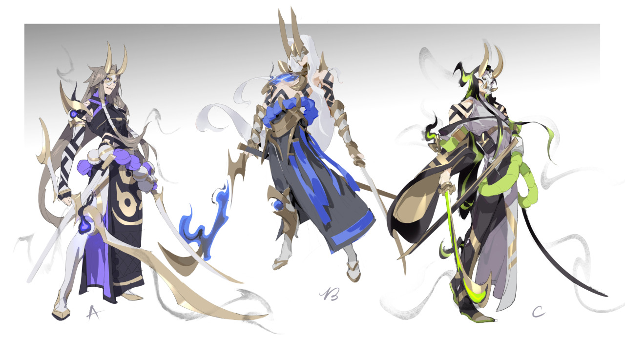 the image showcases three distinct concept art designs of a character, possibly for a video game or animation. each design shares similar features such as horns and a stylized outfit, but differ in color palettes and weapon types.  design a features a primarily purple and gold color scheme with a scythelike weapon. design b employs blue and gold, with a more armored aesthetic and two swords. design c uses a green and gold palette and wields a curved sword.  all characters have a flowing, dynamic feel to their poses and clothing, hinting at movement and grace. the art style leans towards anime/manga aesthetics, with stylized features and soft shading. the backgrounds are minimalist, emphasizing the character designs.  letters a, b, and c label each concept art piece.