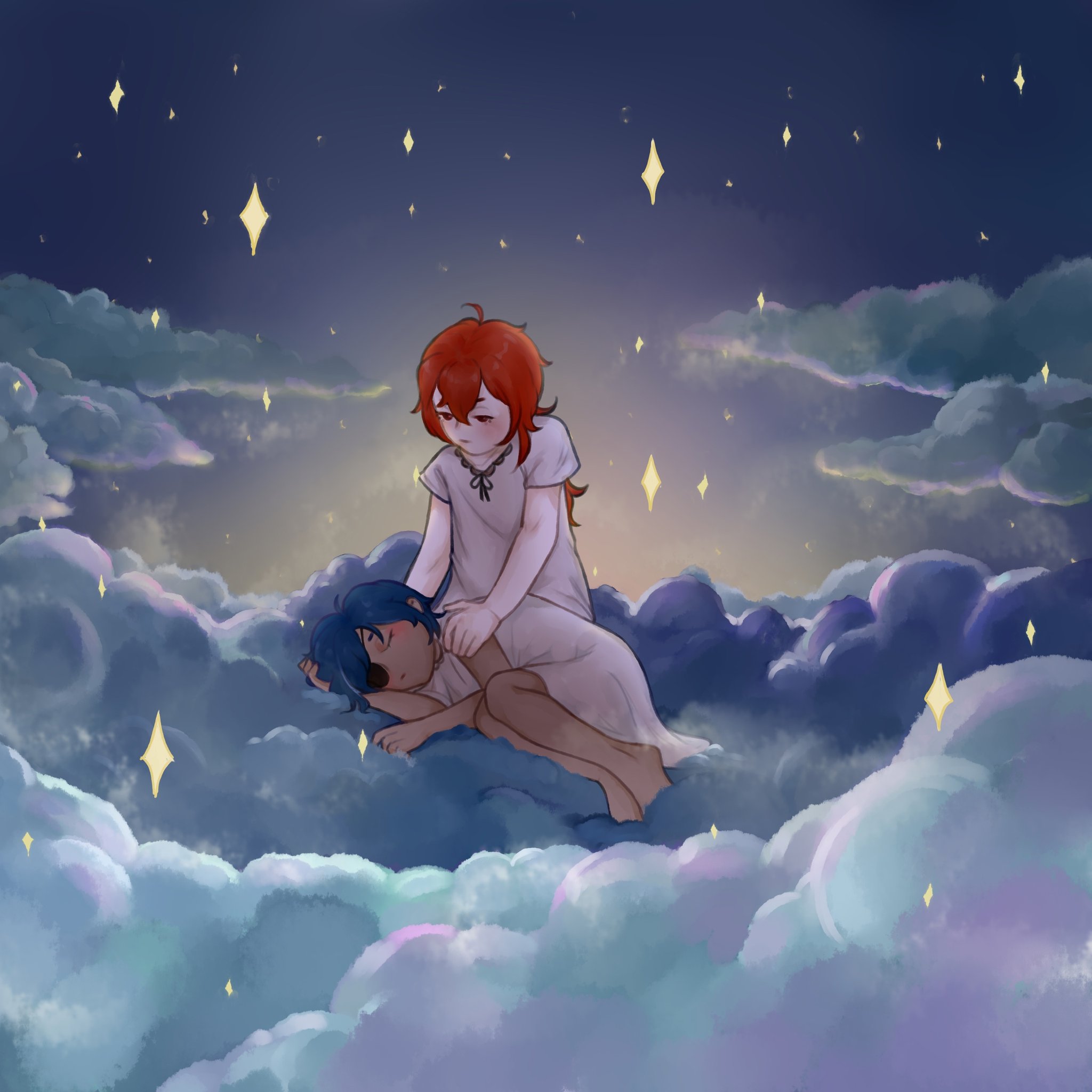 two people, a woman with red hair and a man with blue hair, are lying on clouds in a night sky filled with stars. the woman is awake and looking at the man, who is sleeping. they are cuddling together, and the woman's arm is around the man. the image is digitally drawn and has an anime style.