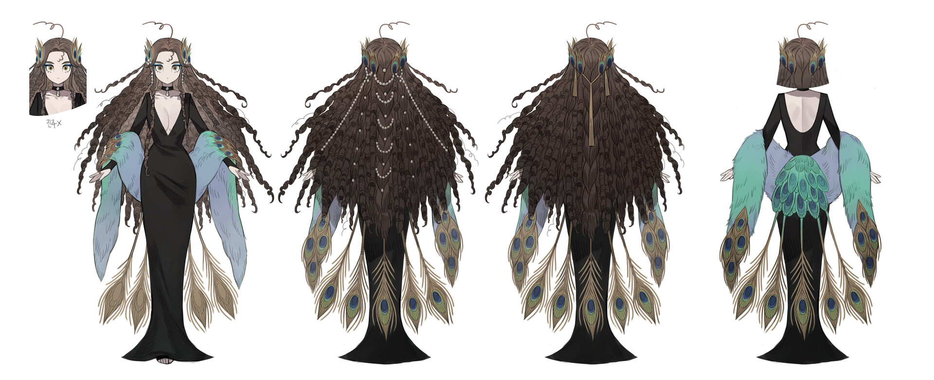 a fashion design concept sketch of a woman. she has long, dark brown hair adorned with peacock feathers, pearls, and a crown. the woman is wearing an elegant black dress with a plunging neckline and a train. the train is decorated with peacock feathers that fan out dramatically. the overall look is inspired by the beauty and elegance of peacocks.