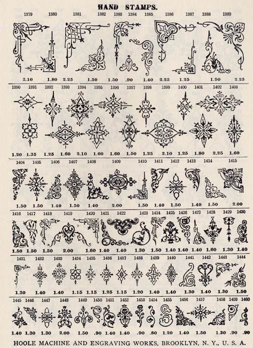 this is a page from a vintage catalog showcasing a wide variety of hand stamps offered by hoole machine and engraving works in brooklyn, new york. the catalog page is organized with numerous small, detailed designs, each labeled with a number and price.  the designs include various ornate corners, floral motifs, geometric patterns, and decorative elements suitable for printing or stamping onto various materials. the year ranges from 1879 to 1889 are listed at the top, corresponding to the designs. the page clearly shows the company's name and address at the bottom. the overall style is consistent with late 19thcentury printing and design aesthetics.