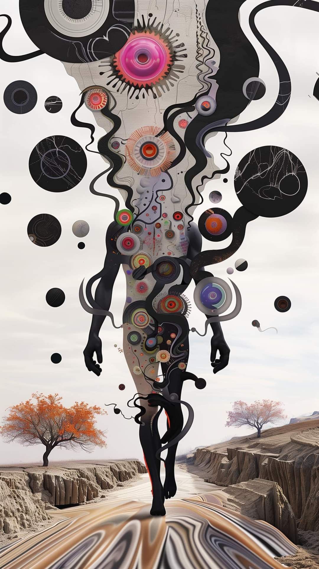 an abstract illustration of a human figure standing on a rocky outcrop in a barren desert landscape. the figure is composed of black swirls and colorful circles, some with intricate patterns. two small trees with orange leaves grow on the edges of the outcrop, and the sky is a pale gray. the overall effect is surreal and dreamlike.