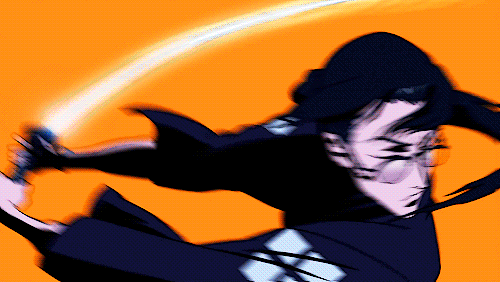 the image is a dynamic, stylized depiction of an anime samurai, possibly female, in the midst of a sword fight.  the motion blur suggests rapid movement, enhancing the sense of action.  the character's dark clothing contrasts sharply against the bright orange background. the style is reminiscent of graphic novels or manga.  the character wears glasses and their expression is fierce and determined.  the katana, or sword, is depicted with a bright, almost glowing trail.