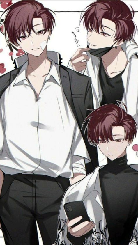 the image showcases an animestyle male character depicted in three different poses. he has short, tousled maroon hair and captivating red eyes. in one pose, he sports a stylish black suit with a crisp white shirt, exuding an air of sophistication. another pose captures him in a more casual attire, featuring a white patterned shirt with black accents and a black turtleneck. in the final pose, he partially conceals his lower face with a black mask, adding an element of mystery. the soft lighting enhances his delicate features, while the eyelevel perspective draws the viewer closer to his captivating gaze. he is holding a cell phone in his left hand.