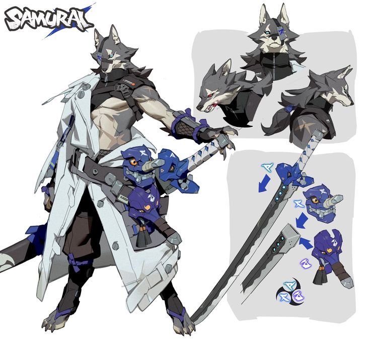 this image is a detailed character design for a video game, possibly anime or mangainspired. the central figure is an anthropomorphic wolflike samurai character. he is muscular, wearing a white coat over dark clothing and armor, and wields a long katana. the design includes closeups of the character's head from different angles, showcasing distinct facial features and hair/fur style. the weapon is also detailed in a separate section, showing its parts and how they assemble. the style is dynamic, sharp, and visually appealing, characteristic of modern concept art for actionoriented games. the overall design conveys a blend of traditional samurai elements with a futuristic and slightly monstrous twist.  the title "samurai" is prominently displayed at the top.