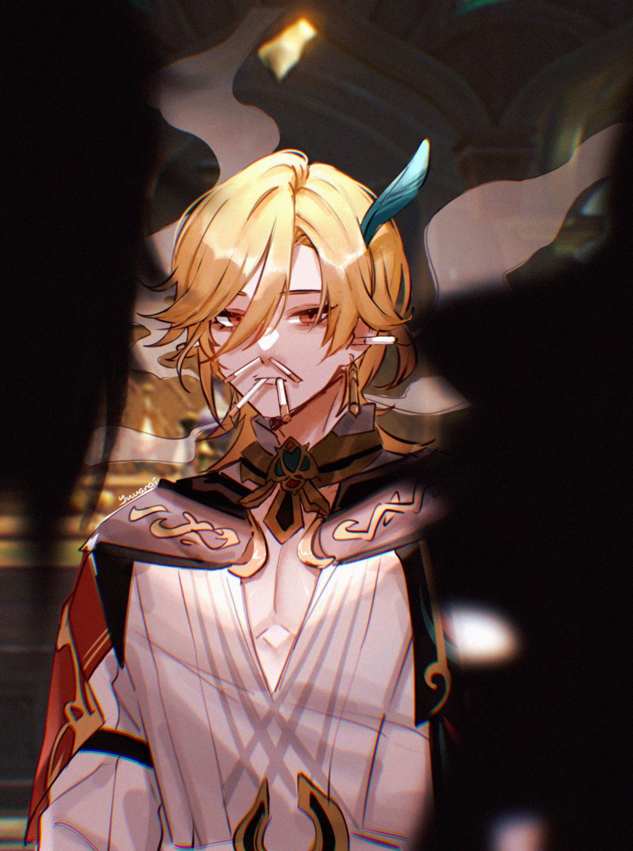 this is an anime style illustration of a male character. he has blonde hair, blue eyes, and is wearing a white shirt, a gold necklace, and a red and gold cape. he has a cigarette in his mouth and is looking to the side. he is in a dimly lit room, and the background is blurred out. there is a shadowy figure on the left side of the image.