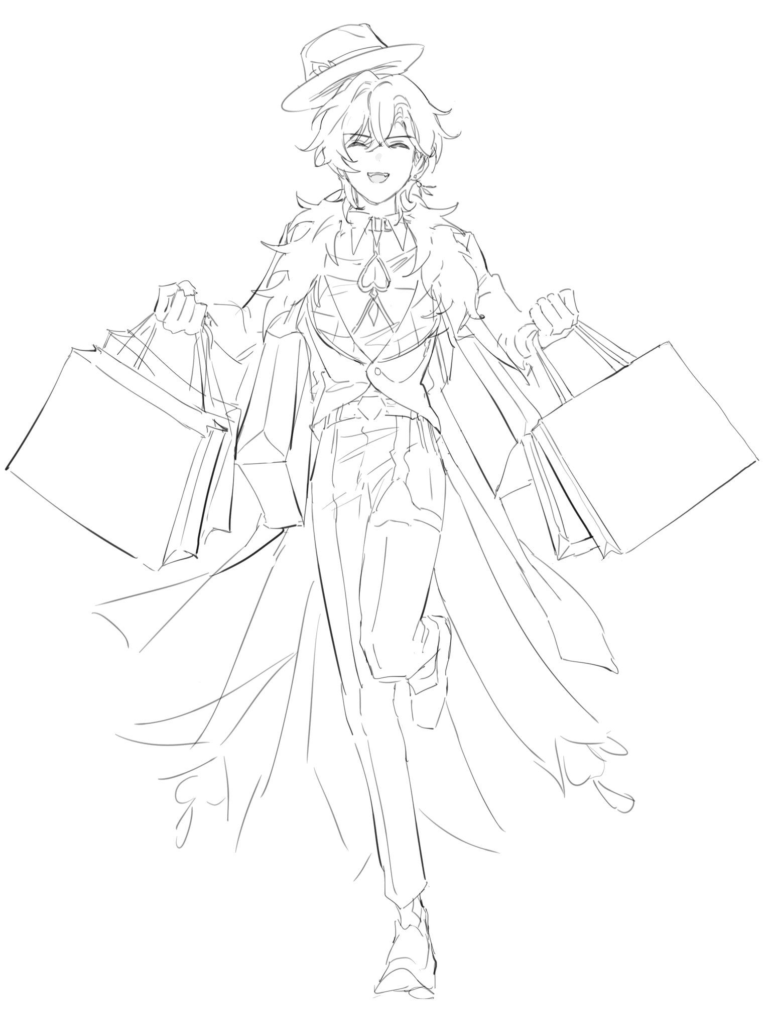 a line art drawing of an anime man in a long coat and hat walking with shopping bags in his hands. he is smiling happily.