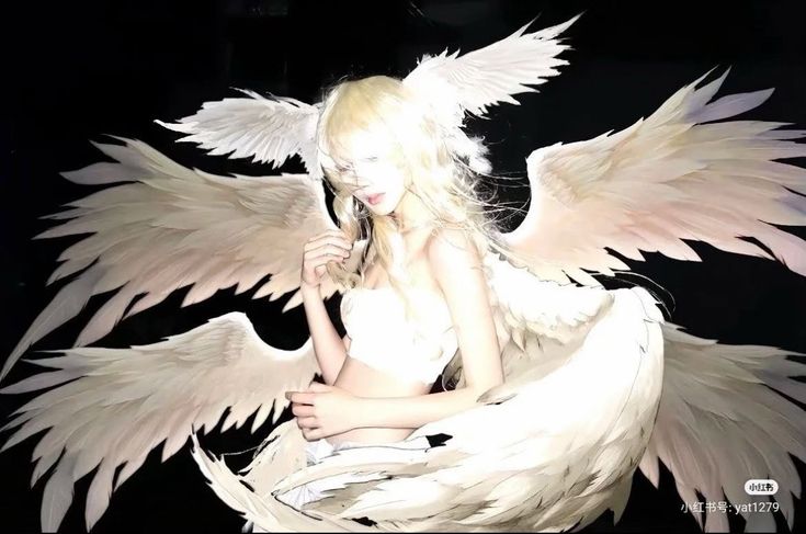 the image features a woman with blonde hair and fair skin, dressed in white clothing, and adorned with multiple sets of large, feathered wings. she has an ethereal, angelic appearance against a dark background. the overall impression is one of fantasy, grace, and delicate beauty.