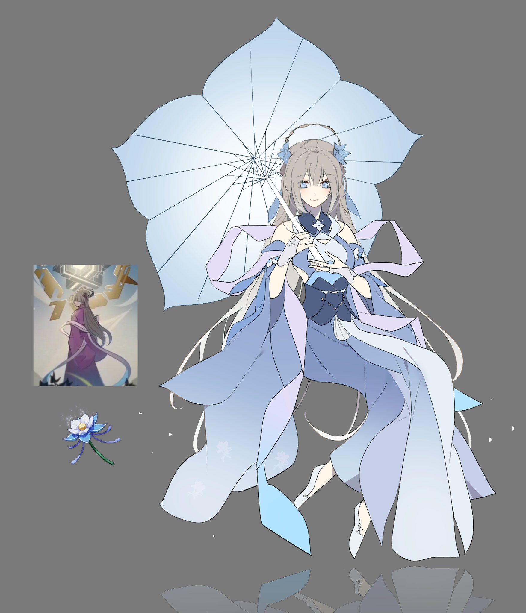 this digital illustration features an anime girl in a white and blue kimono floating gracefully in the air. she is holding a blue umbrella over her head and has long white hair. she is surrounded by white clouds and a blue flower. her expression is serene and peaceful. the overall tone of the illustration is ethereal and magical.