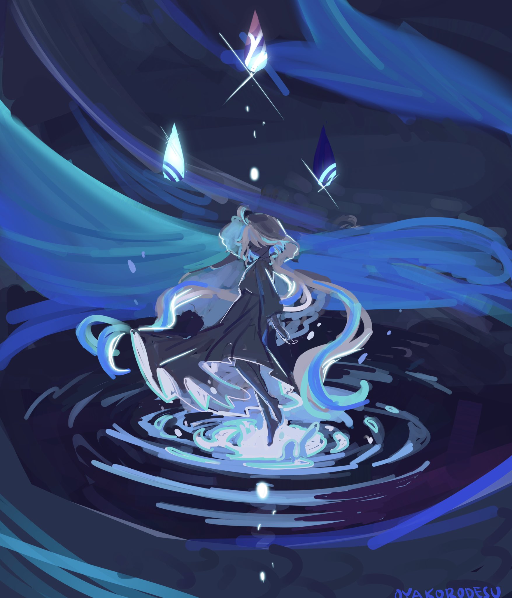 an anime girl with flowing blue hair and a dark cloak is floating above water, surrounded by blue wispy lines and a glowing blue orb. she appears to be levitating with magical energy. the dark background and faint blue glow create a mystical and enchanting atmosphere.