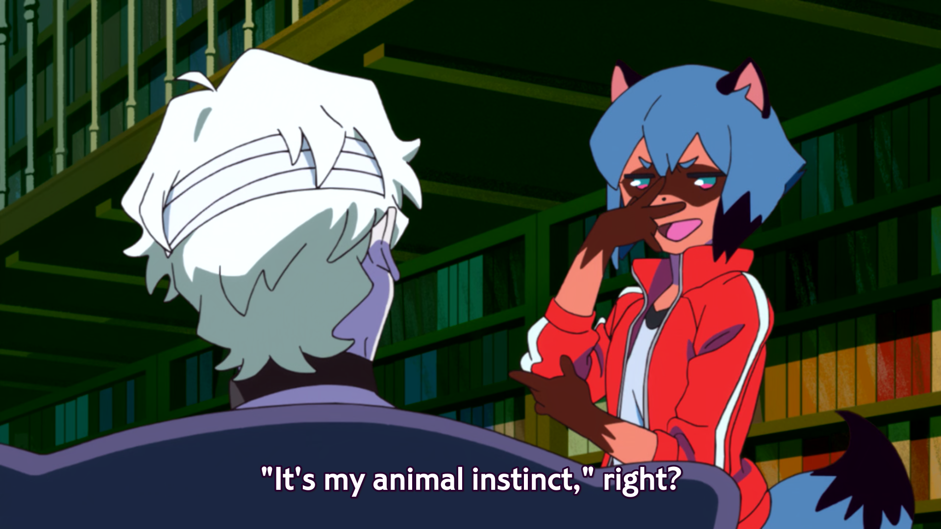 the image shows a scene with two anime characters in a library. a girl with blue hair and raccoon ears and tail is smirking and pointing to her nose while talking to a surprisedlooking boy with white hair and bandages on his head. the text "it's my animal instinct," right? suggests the girl is using her instincts as an excuse for something. the library is filled with tall bookshelves, and the lighting is bright and artificial.