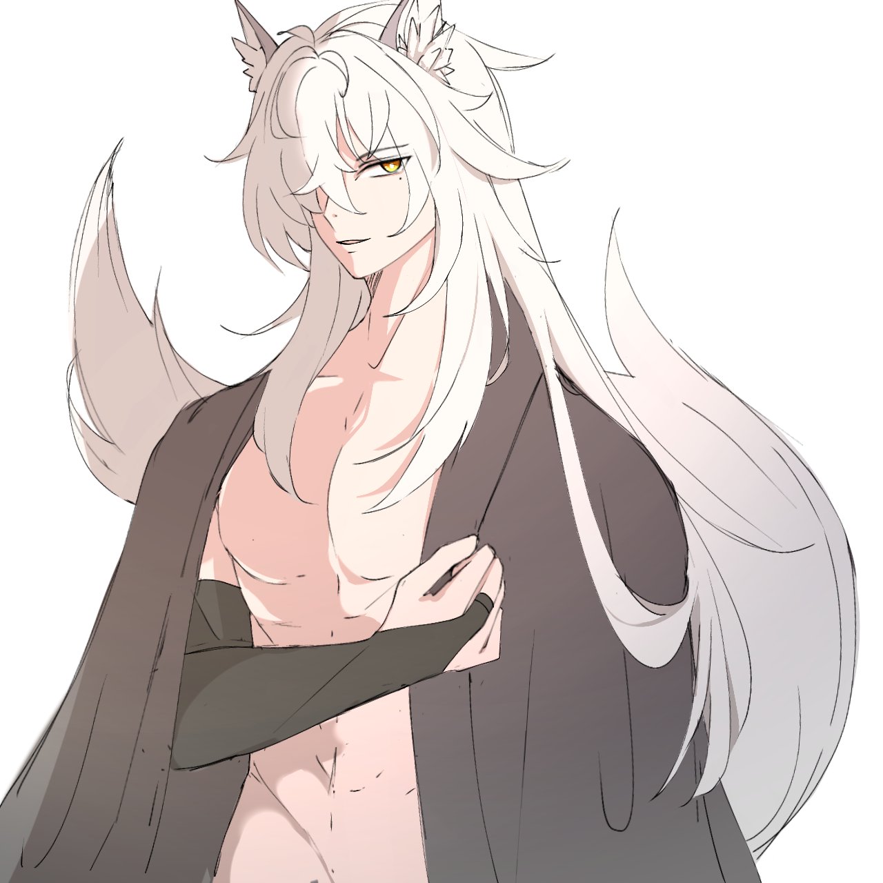 a digital illustration of an anime man with long white hair and wolf ears. he is wearing a black kimono with gray sleeves and is smirking at the viewer. he has a bare chest and yellow eyes. his white fur tail is slightly visible behind his left shoulder. the illustration is in a very simple style, with minimal detail in the background.  the man appears to be confident and powerful, but his eyes and smirk suggest he may have an ulterior motive.