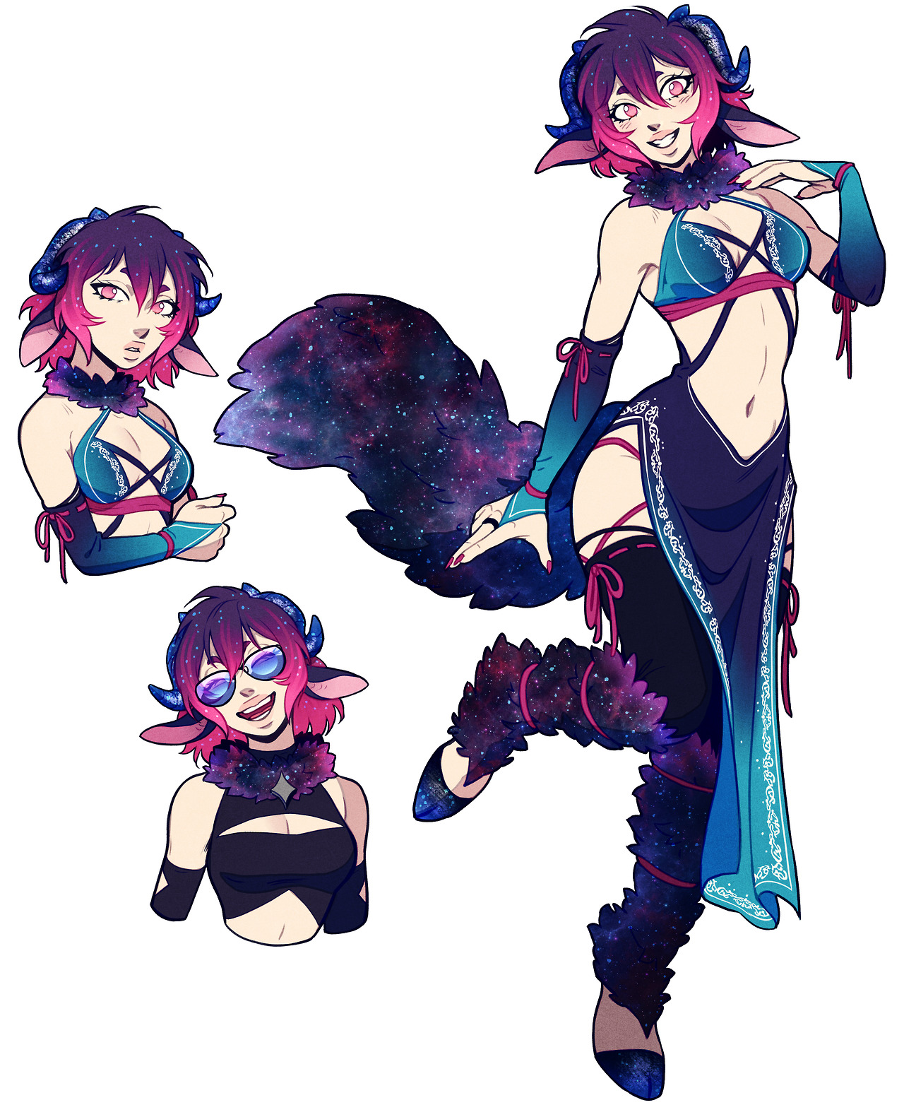 the image showcases a character design of a female demonlike character with galaxypatterned fur, horns, and goatlike legs. she is presented in various poses and outfits, highlighting different fashion choices and accessories. the background is a simple white canvas, focusing the attention on the character. the lighting is even and bright, making the colors pop. the image appears to be concept art or a character sheet, possibly for a game or animation project.