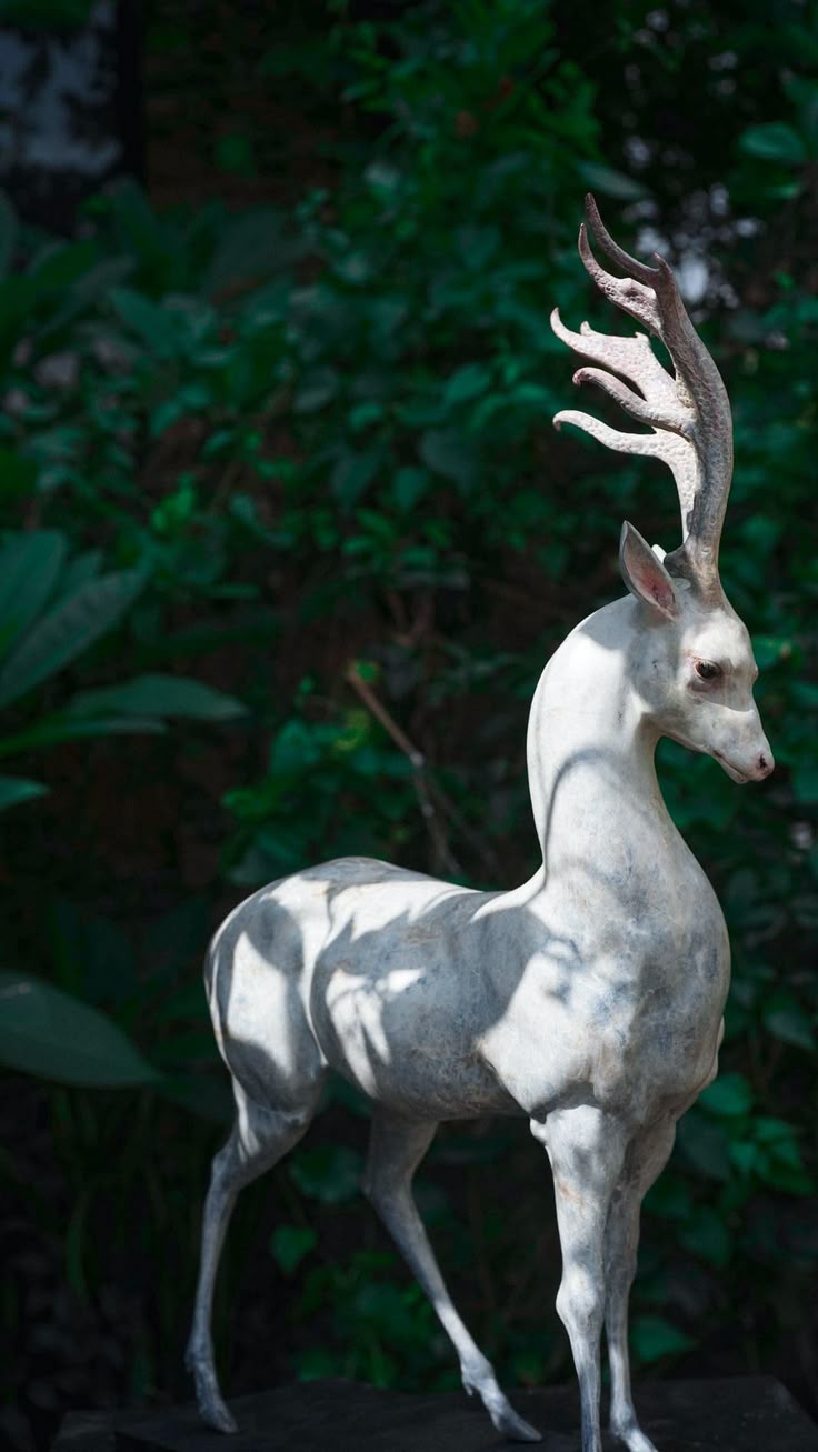 a white deer statue stands in front of a backdrop of green foliage. the statue has prominent antlers that branch out, and is positioned in a way that it looks like it's standing alert. the light creates interesting shadows on the statue.