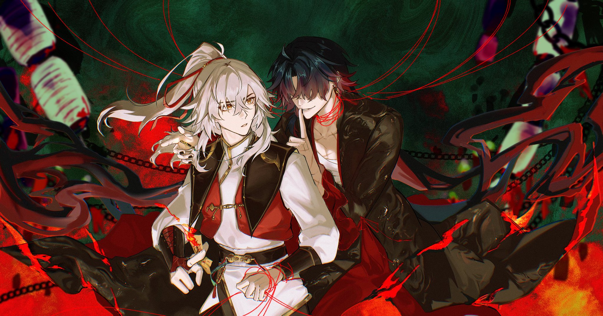 this is a digital illustration of two anime characters, one with white hair and one with black hair. the one with white hair is wearing a white, red, and gold outfit. the one with black hair is wearing a black jacket over a white shirt. they both are holding red string and connected by a chain, with a red background, and there are two chains in the foreground.