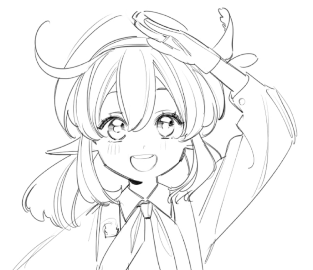 it is a sketch of an anime girl. she is wearing a hat and smiling while saluting.