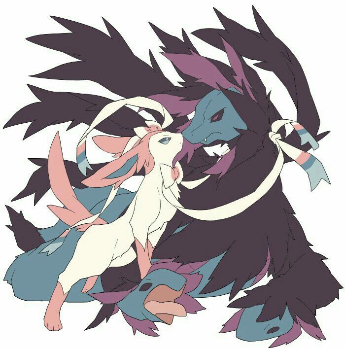 the image is a digital fanart depicting a close and affectionate interaction between two pokemon: sylveon and noivern. sylveon, a fairytype pokemon, is shown with its head tilted towards noivern, a flying/dragontype pokemon, as if they are sharing a tender moment.  noivern's large, feathery wings are partly spread, and the overall style is soft and pastelcolored, creating a whimsical and endearing atmosphere.  the art style is clean and expressive, with attention to detail in the pokemon's features and textures.