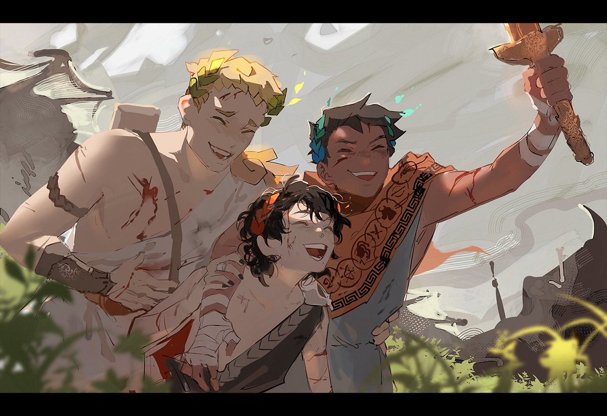 the image is an illustration in an anime style depicting three characters embracing and celebrating amidst a battlefield scene. the characters appear to be from greek mythology, as they are wearing wreaths and dressed in togas or tunics. the characters have smiles on their faces. one of the characters in the center is being lifted in the air by the other two. the person on the right side is holding up a golden sword. the overall mood is celebratory and lighthearted, despite the evidence of battle in the background. the characters are: achilles, patroclus, and zagreus from hades.