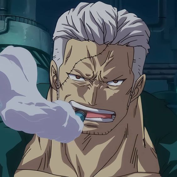 a closeup shot of a muscular, scarred anime man with slickedback grey hair smoking a cigarette. his expression is fierce and determined, with narrowed eyes and a clenched jaw. he is set against a blurred industrial background in dark, cool tones. the dramatic lighting emphasizes his features and creates a sense of intensity.