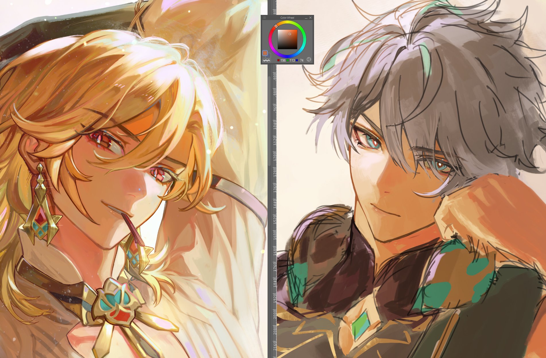 this is an illustration of two anime characters. the character on the left has blonde hair and red eyes, and is wearing a white shirt with a gold necklace. the character on the right has white hair and blue eyes, and is wearing a dark shirt with a green necklace. both characters are smiling.