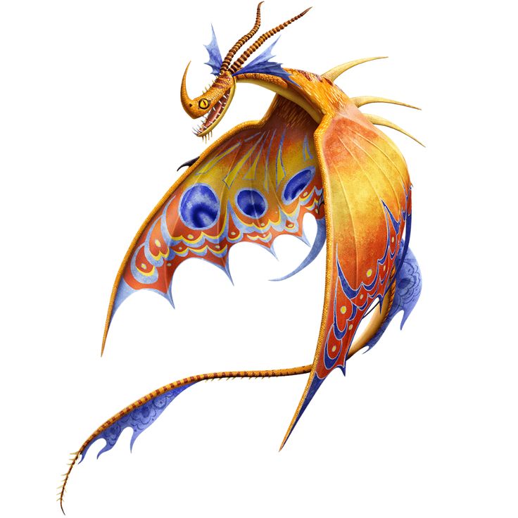 an orange and blue monstrous nightmare dragon from how to train your dragon. the dragon is midflight, facing to the left with its mouth open showing its teeth. it has large, colorful wings with blue eyespot patterns. the dragon also has a long, spiked tail and antennaelike appendages on its head. the background is white.