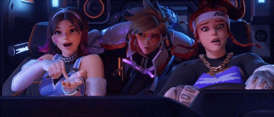 the image shows three characters from the video game overwatch 2. from left to right, there is d.va, tracer, and kiriko riding in a car. d.va has a surprised expression. kiriko also appears surprised and/or scared while tracer has a slight look of fear. the car is in motion. all of them appear to be inside of the dashboard of the car, it seems to be technological in design.