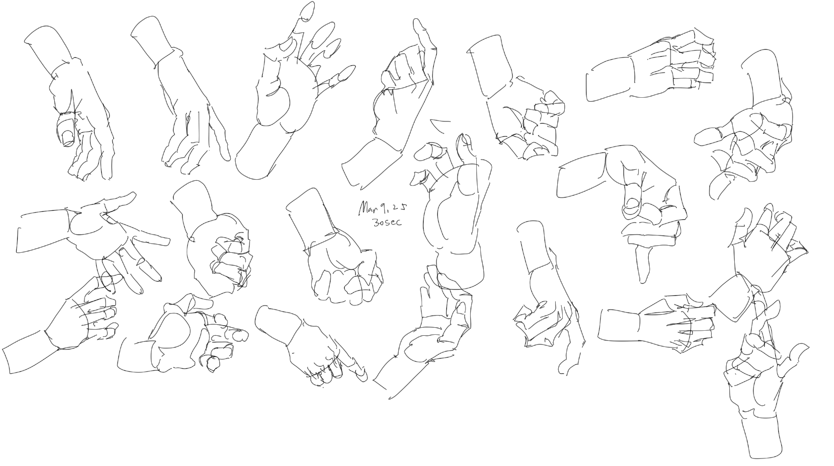 the image is a collection of quick hand sketches, likely done as anatomical studies. they show different hand positions and gestures, all in simple black line art. there is date and time written in the middle of the image.