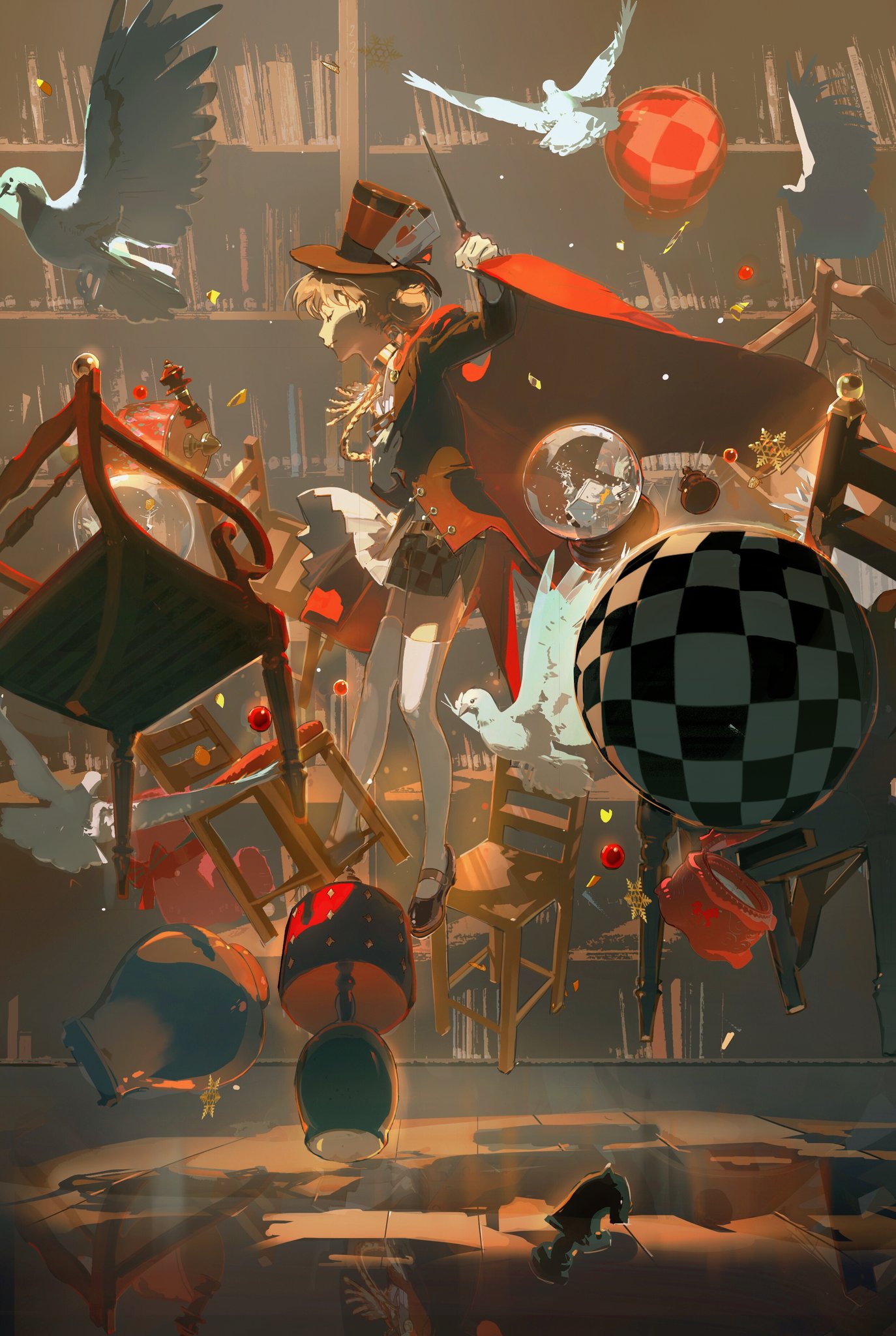 the image is of a young anime girl dressed as a magician. she is levitating in a room full of furniture that has been turned upside down. the girl is holding a wand and has a red cape flowing behind her. there are also doves flying around her, as if she has just made them appear. the room is filled with various items, including chairs, globes, an hourglass, and a checkered ball. the overall tone of the image is magical and whimsical.
