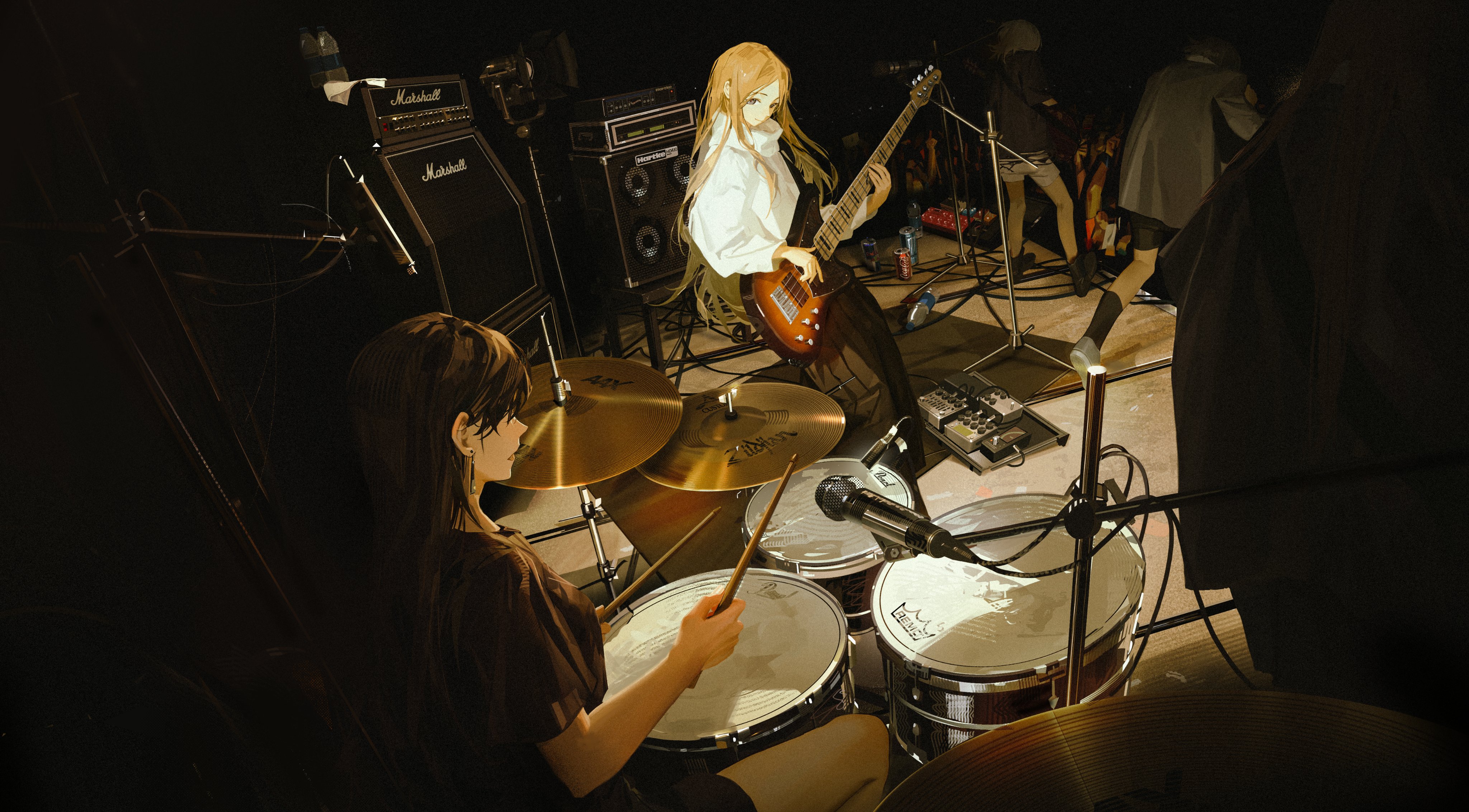 the image is a digital painting depicting an animestyle girls band performing in a dark room. one girl is playing bass guitar, while another girl is playing the drums.  the scene is dimly lit, highlighting the instruments and the girls.  marshall amplifiers are visible in the background, contributing to the rock music aesthetic. the overall style is realistic, with a focus on the lighting and shadows in the scene. the atmosphere is one of a live concert or rehearsal, intimate and slightly gritty.