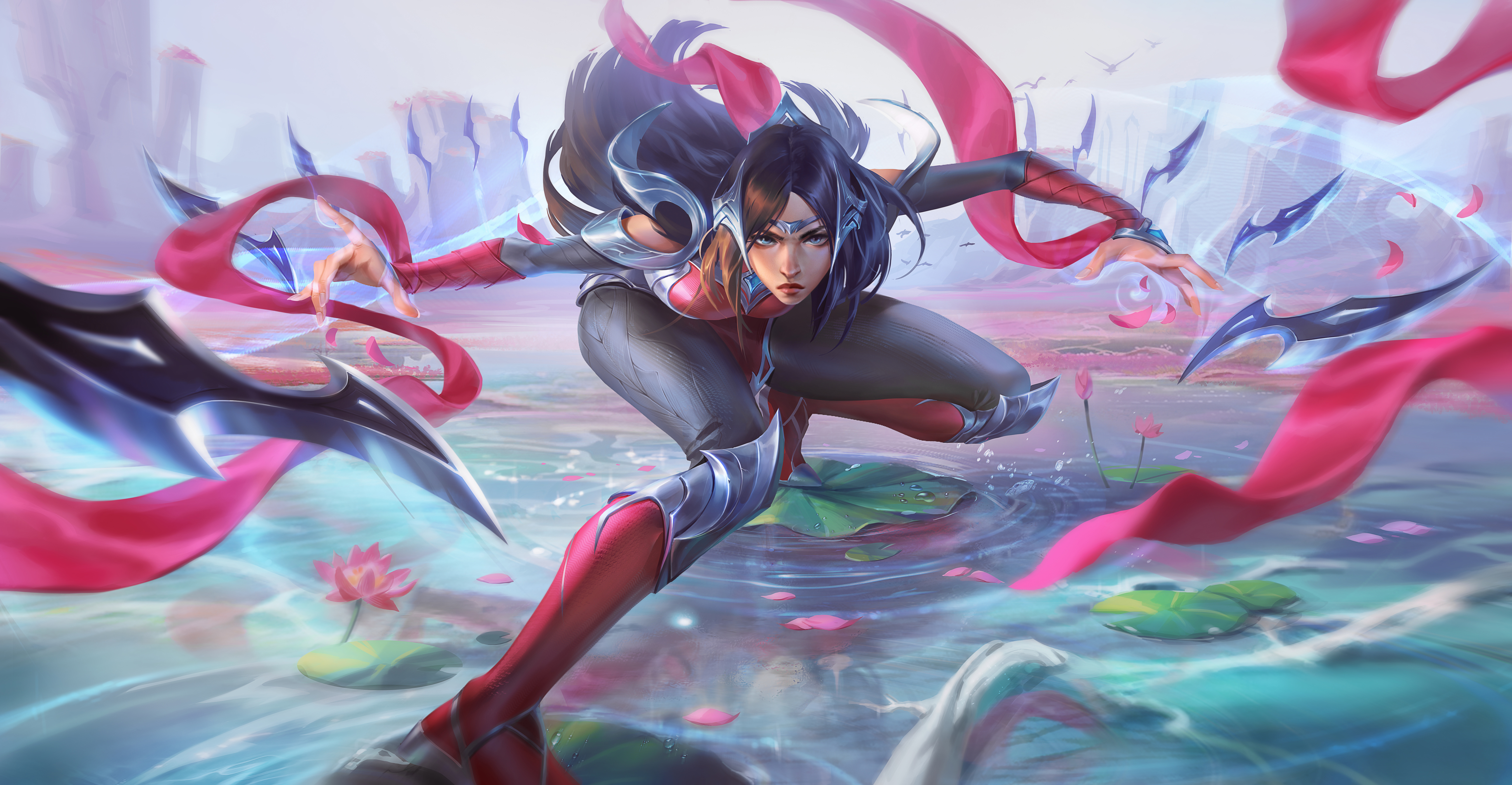 a female anime character with long dark hair and a fierce expression is poised midair, surrounded by pink streamers and glowing blue swords. she is wearing a black and red outfit with a red scarf. she is standing on a giant lotus leaf, her legs bent at the knees, with a sword in each hand. the background is a beautiful watercolor style scene with pink and blue hues, a water surface, and blooming lotus flowers. the character's powerful pose and the dynamic composition of the image convey a sense of action and energy, suggesting that she is in the midst of a fierce battle.