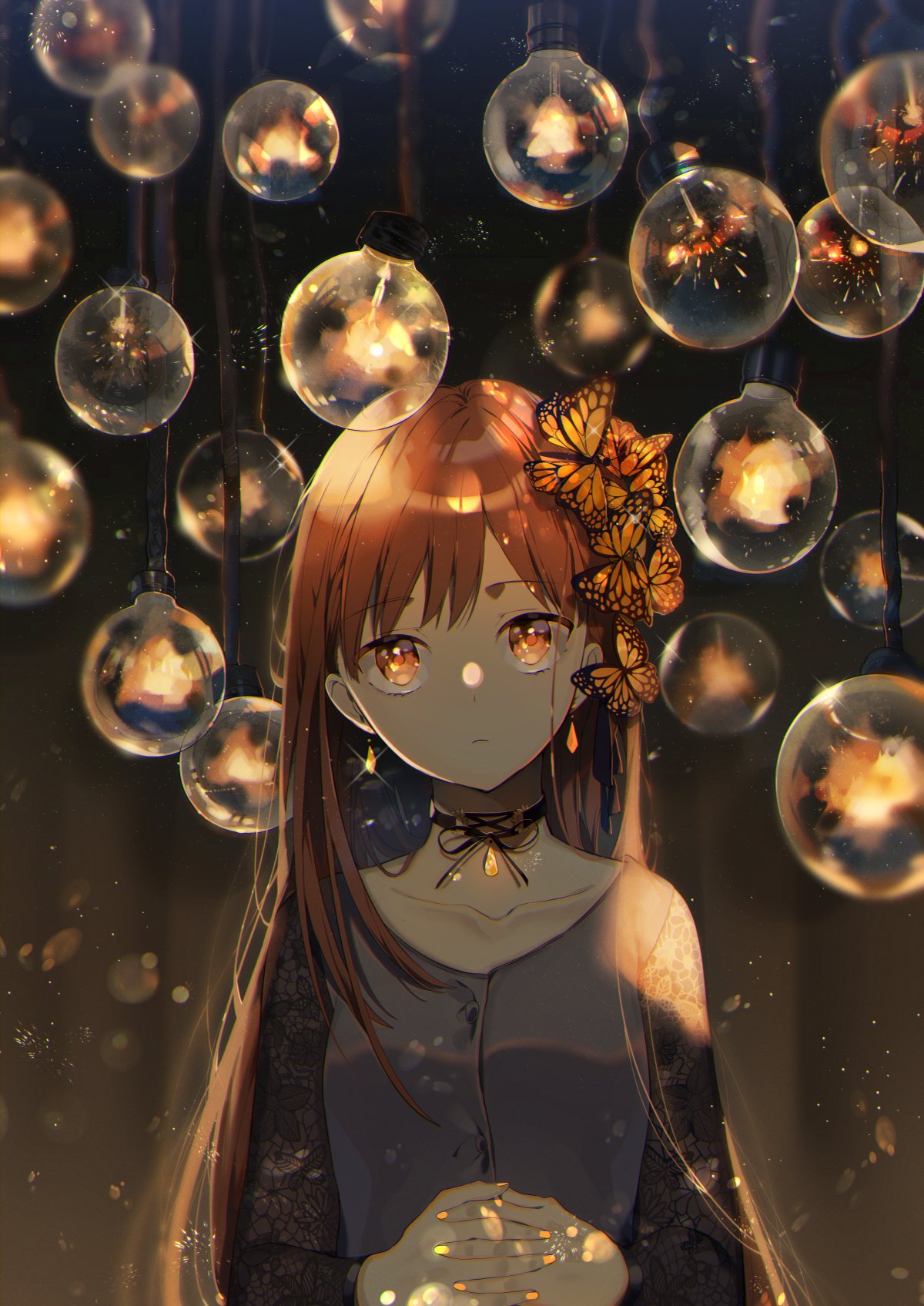 he image is a digital painting of an anime girl with long brown hair and orange eyes. she is wearing a dark, elegant dress and a necklace with a golden pendant.  butterflies adorn her hair. she has a slightly sad expression. she is surrounded by numerous glowing, glass orblike lights that hang from above, creating a magical and atmospheric scene. the background is dark and moody, contrasting with the warm golden light emanating from the orbs and illuminating the girl. the overall style is fantasy and ethereal.
