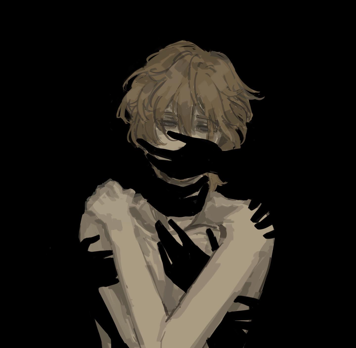 a digital illustration of a young man with short, brown hair. he is depicted with hands covering his eyes and mouth, as if he is trying to shield himself from something or hide his emotions. there are many dark shadows in the drawing, casting an eerie and unsettling atmosphere. the overall tone of the image suggests sadness, distress, and perhaps even pain.