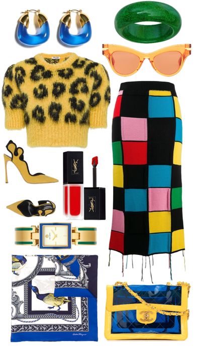 the image showcases a vibrant and eclectic assortment of fashion accessories and apparel items. there are earrings in two styles, a bright green ring, and orange sunglasses. a yellow sweater with a black leopard print is displayed above a midi skirt patterned with colorful blocks. a pair of high heels and flat shoes are included in the ensemble, along with a wristwatch, a printed scarf, red lip gloss and a yellow and blue chainstrap handbag.