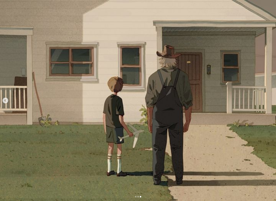 a man in a hat and overalls stands on the sidewalk in front of a house with a boy holding a toy airplane. the boy is looking away from the man, who has his back turned. the man is looking towards the house with a thoughtful expression.